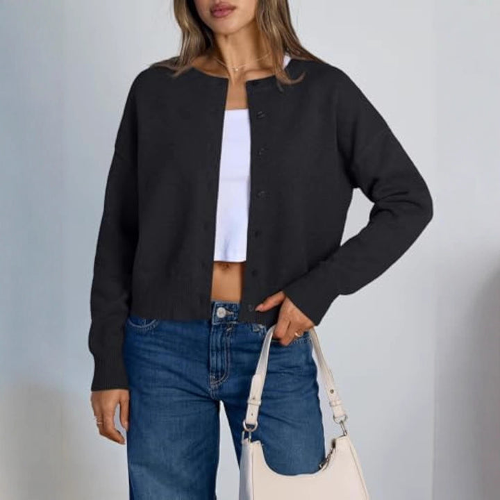 Damen Cropped Strickjacke im Boxy‑Schnitt mit Rundhals und Rippbündchen – Veloura