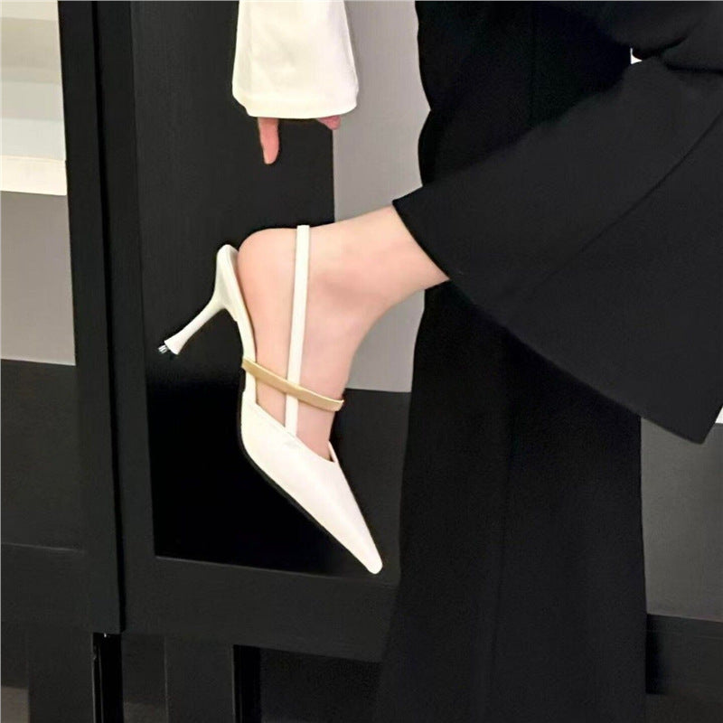 Damen Spitz zulaufende Slingback-Mules mit goldfarbenem Zierriemen und skulpturiertem Stiletto-Absatz – Lioré