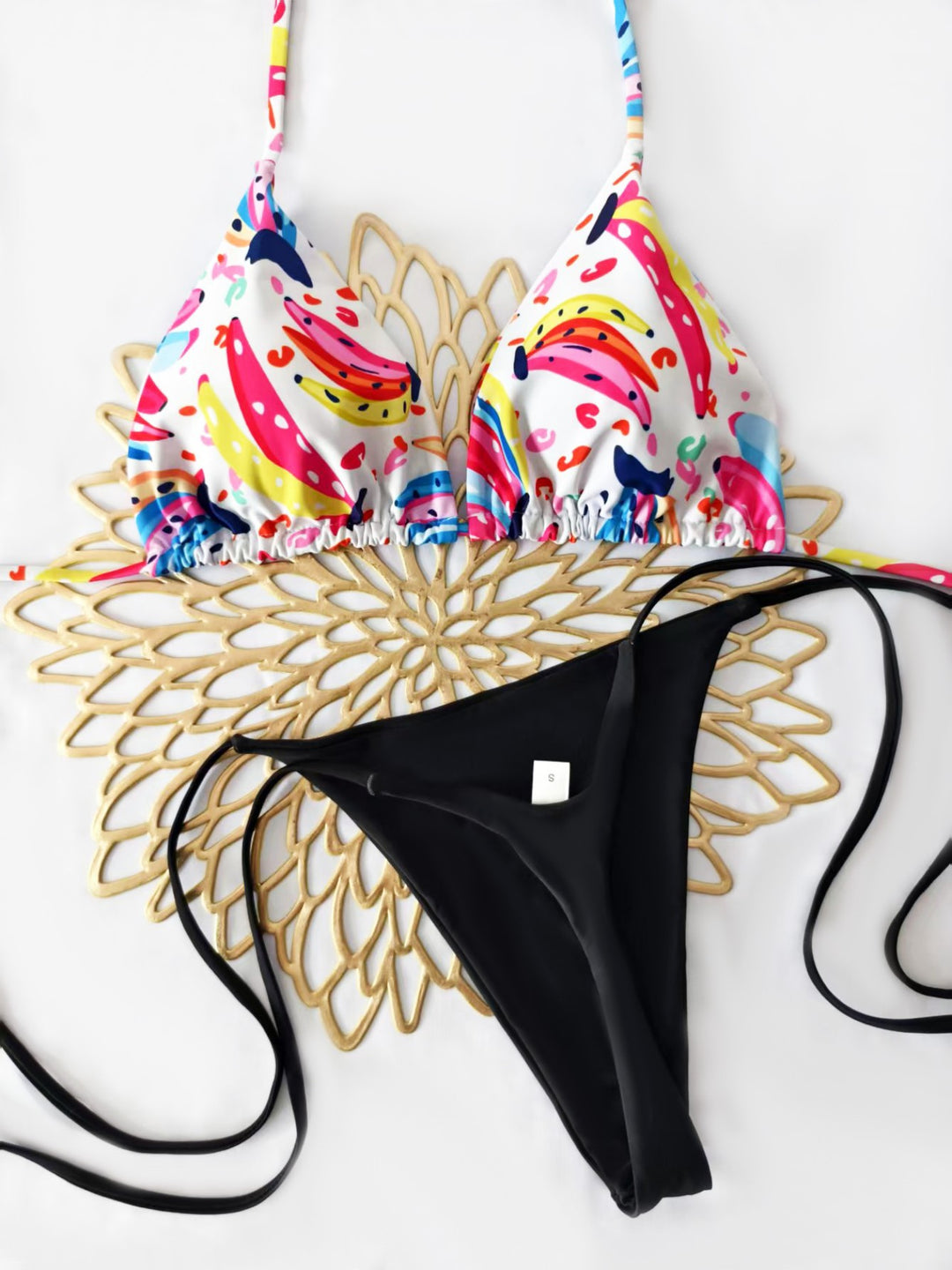 Damen Bikini-Set mit buntem Obstmuster und seitlichem Knoten Echo Archiv