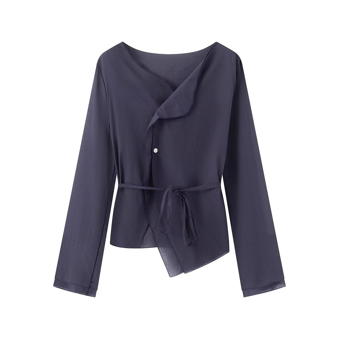 Damen Wickelbluse mit asymmetrischer Vorderseite, V‑Ausschnitt und Bindegürtel Echo Archiv