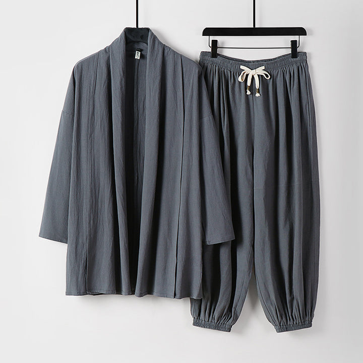 Unisex Entspanntes Kimono-Zweiteiler aus Baumwollmusselin mit Schalkragenjacke und geraffter Knöchelhose Echoarchiv