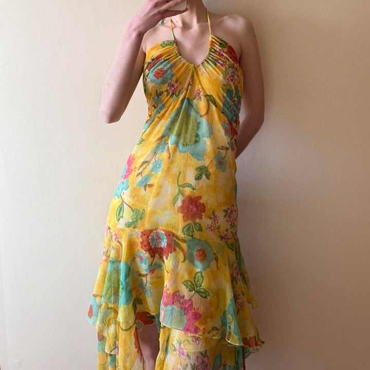Damen Maxi-Kleid mit floralen Rüschen und tiefem V-Ausschnitt Echo Archiv