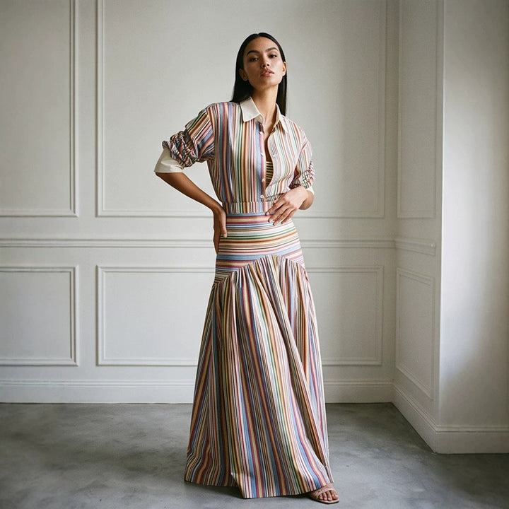 Damen Maxikleid mit Hemdkragen, tailliertem Bund & mehrlagigem Stufenrock Echoarchiv