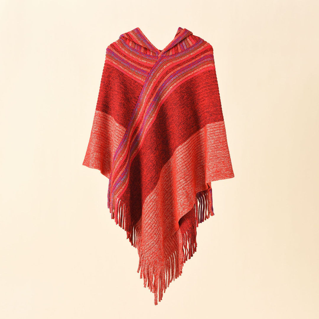 Damen Kapuzen-Poncho im Grobstrick mit Fransensaum Echo Archiv