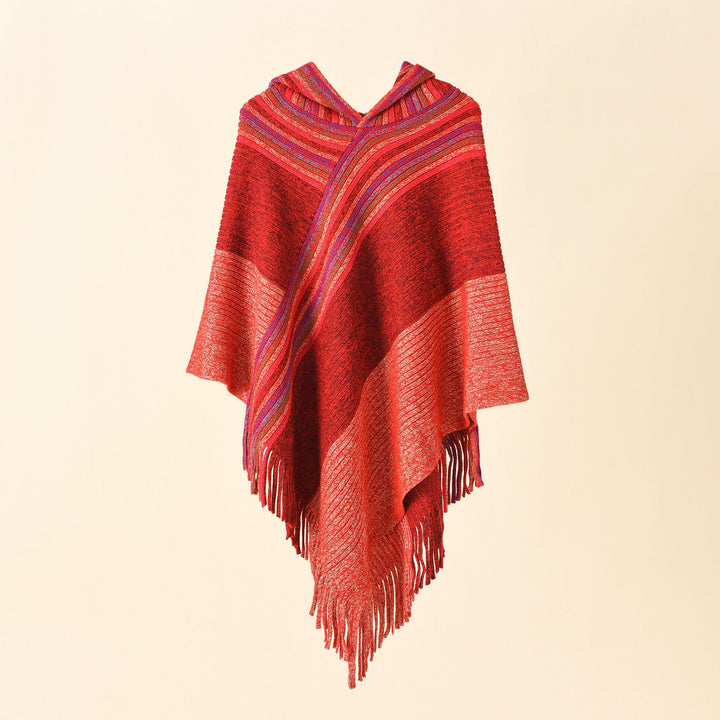 Damen Kapuzen-Poncho im Grobstrick mit Fransensaum Echo Archiv