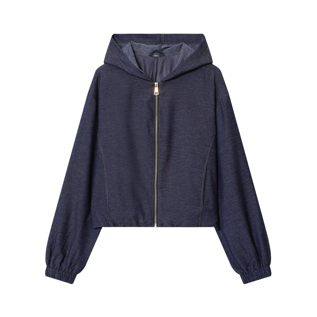 Damen Zweiteiler aus Denim‑Jersey Kapuzenjacke mit Reißverschluss und weiter Bundfaltenhose Echo Archiv