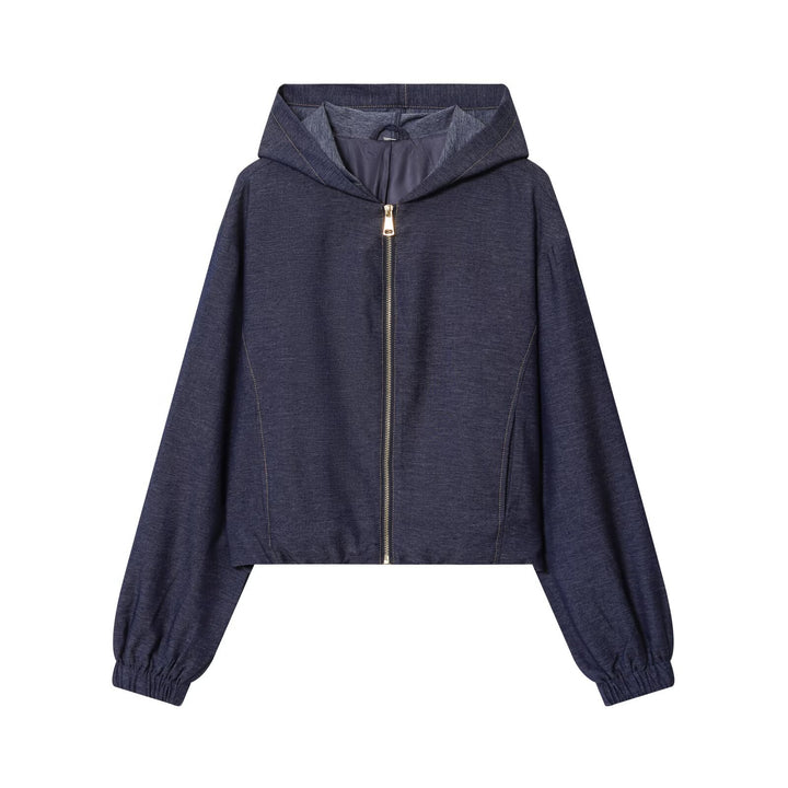 Damen Zweiteiler aus Denim‑Jersey Kapuzenjacke mit Reißverschluss und weiter Bundfaltenhose Echo Archiv