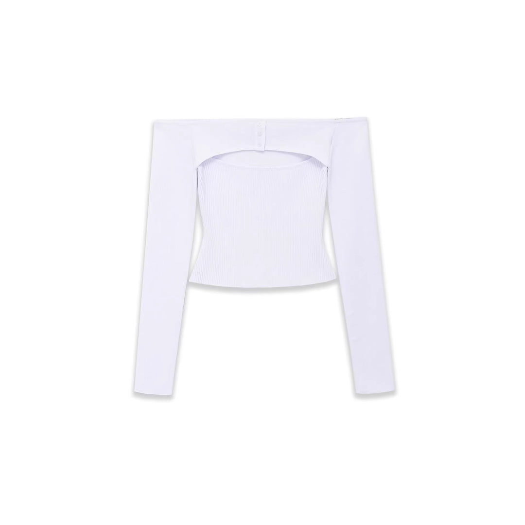 Damen Figurbetontes Off-Shoulder-Langarmtop mit integriertem Bolero und Feinstrick-Rippstruktur Echoarchiv
