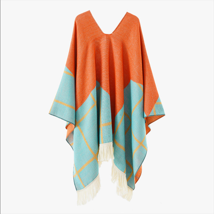 Damen Ornamentaler Jacquard‑Poncho mit V‑Ausschnitt und Fransensaum Echo Archiv