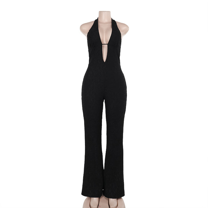 Damen eleganter Jumpsuit mit tiefem V-Ausschnitt und ausgestelltem Bein Echo Archiv