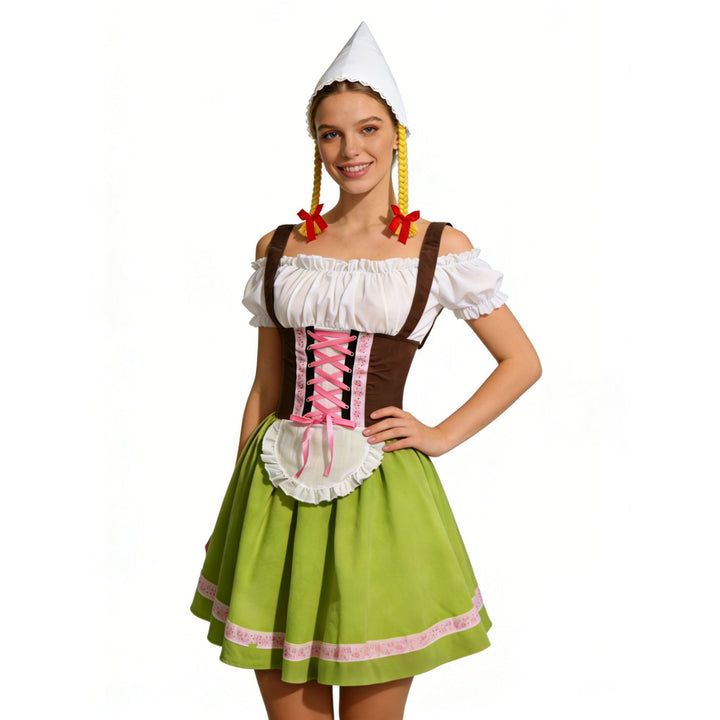 Damen nan traditionelles Oktoberfest Dirndl Kostüm mit Schnürkorsett, Schürze und Zipfelmütze Echo Archiv