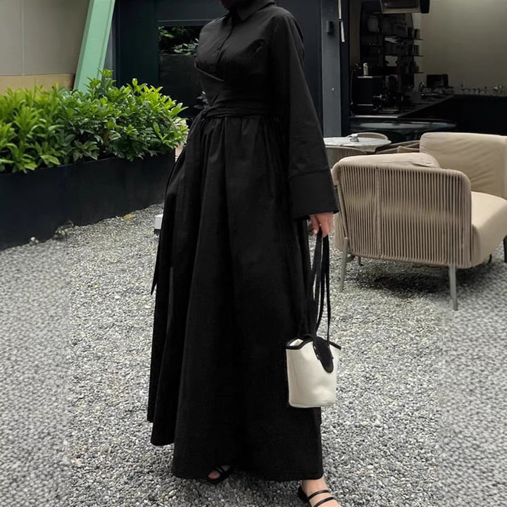 Damen Maxikleid im Hemdblusenstil mit Taillenwickel, weitem Tellerrock und breiten Manschetten – Valéora
