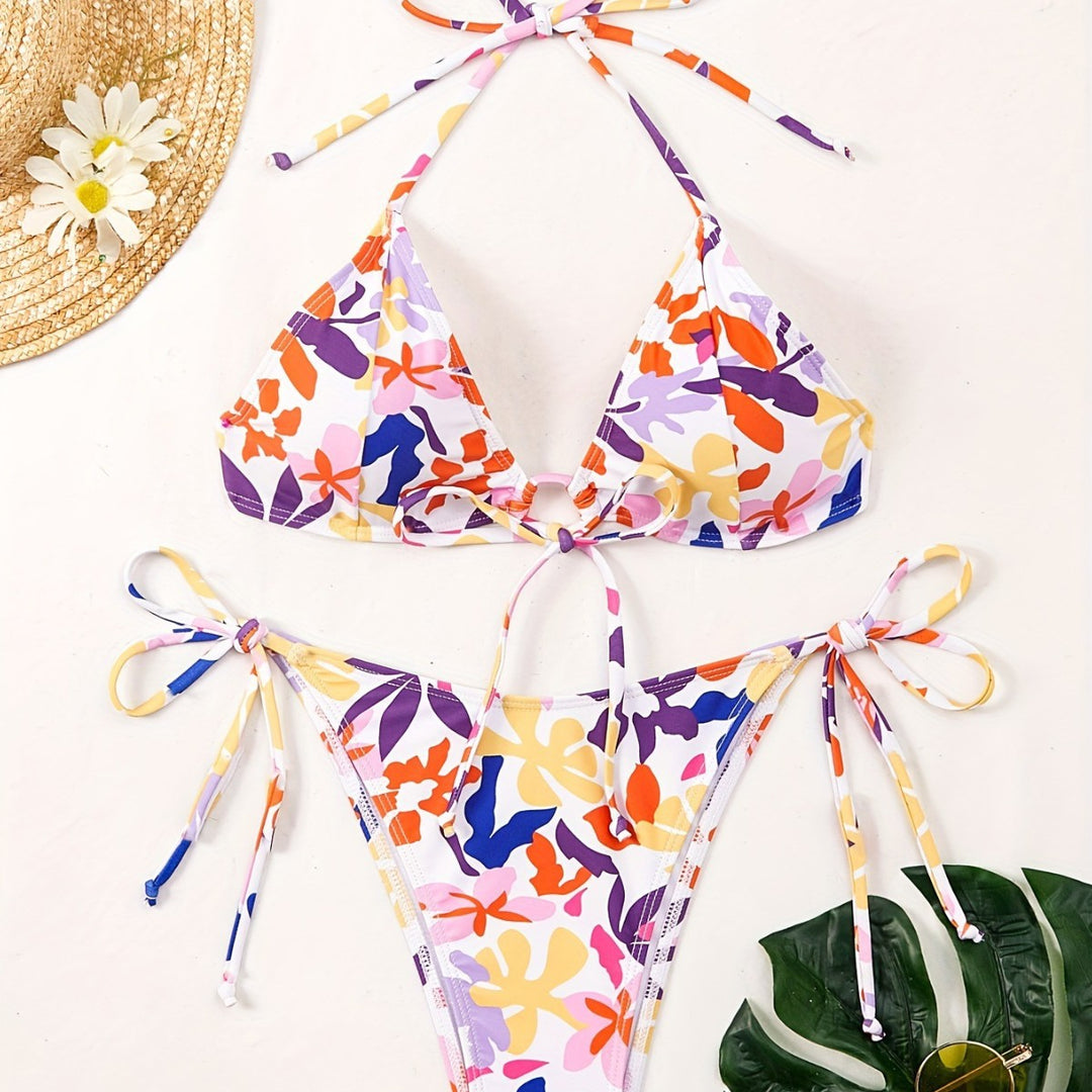Damen Triangel-Bikini mit verstellbaren Schnüren und fröhlichem Blumenmuster Echo Archiv