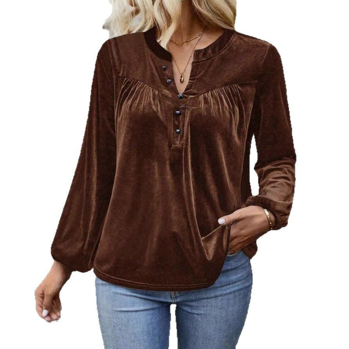 Damen Samtbluse mit Knopf‑Henley, geraffter Brustpasse und lockerer Passform Echoarchiv