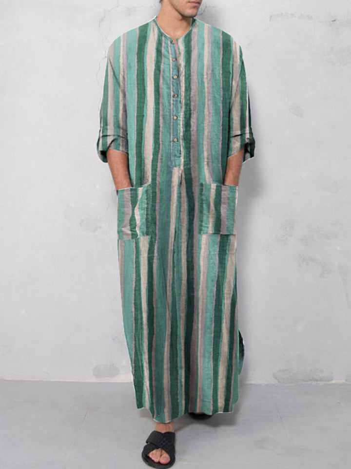 Herren nan lockerer Kaftan aus Leinenmischung mit Knopfleiste und aufgesetzten Taschen Echoarchiv