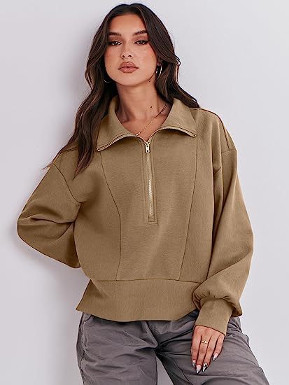 Damen Halb-Zip Kragen Entspannt Sweatshirt Pullover mit Rippbund und -manschetten Echoarchiv