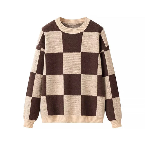 Damen nan oversized Strickpullover mit Schachbrettmuster, geripptem Saum und Rundhalsausschnitt Echo Archiv