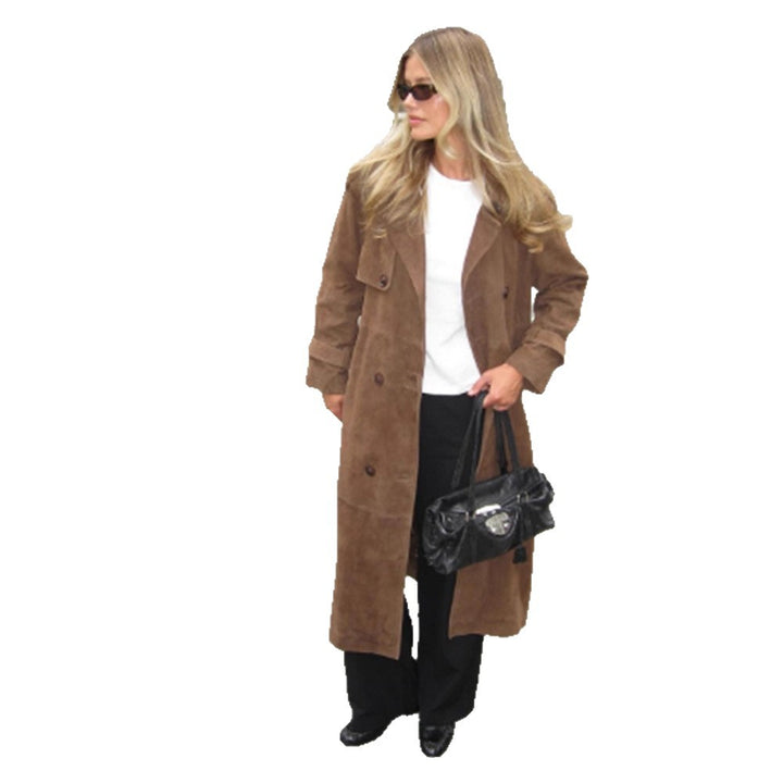 Damen Langer Wildleder‑Trenchcoat mit doppelreihiger Knopfleiste Echoarchiv