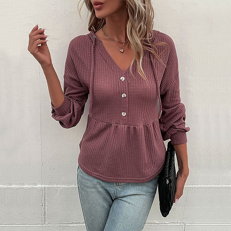 Damen Waffelstrick-Hoodie-Bluse mit V-Ausschnitt, Knopfleiste und geraffter Taillenpasse Echoarchiv