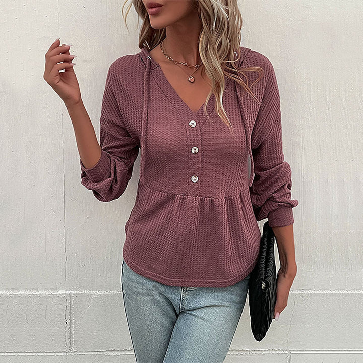 Damen Waffelstrick-Hoodie-Bluse mit V-Ausschnitt, Knopfleiste und geraffter Taillenpasse Echoarchiv
