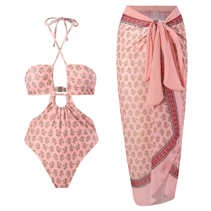 Damen Bandeau-Bikini mit floralen Akzenten und leichtem Wickelrock Echo Archiv
