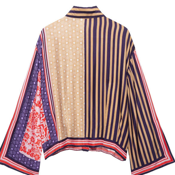 Damen Gemusterte Patchwork‑Bluse mit weitem Glockenärmel und Hemdkragen Echo Archiv
