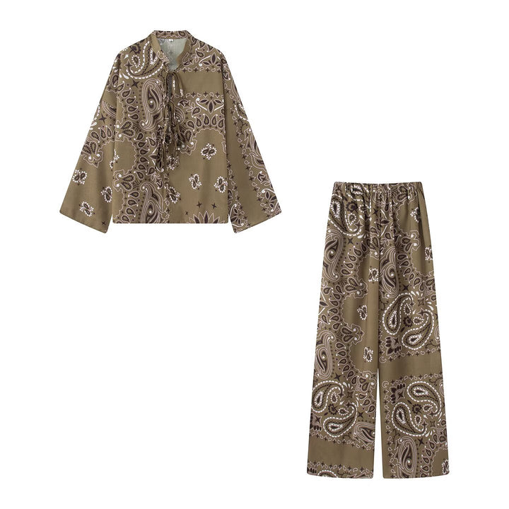 Damen Zweiteiliges Satinoptik-Lounge-Set mit Paisley-Print, Kimonokragen-Bluse und weiter Culotte-Hose Echo Archiv