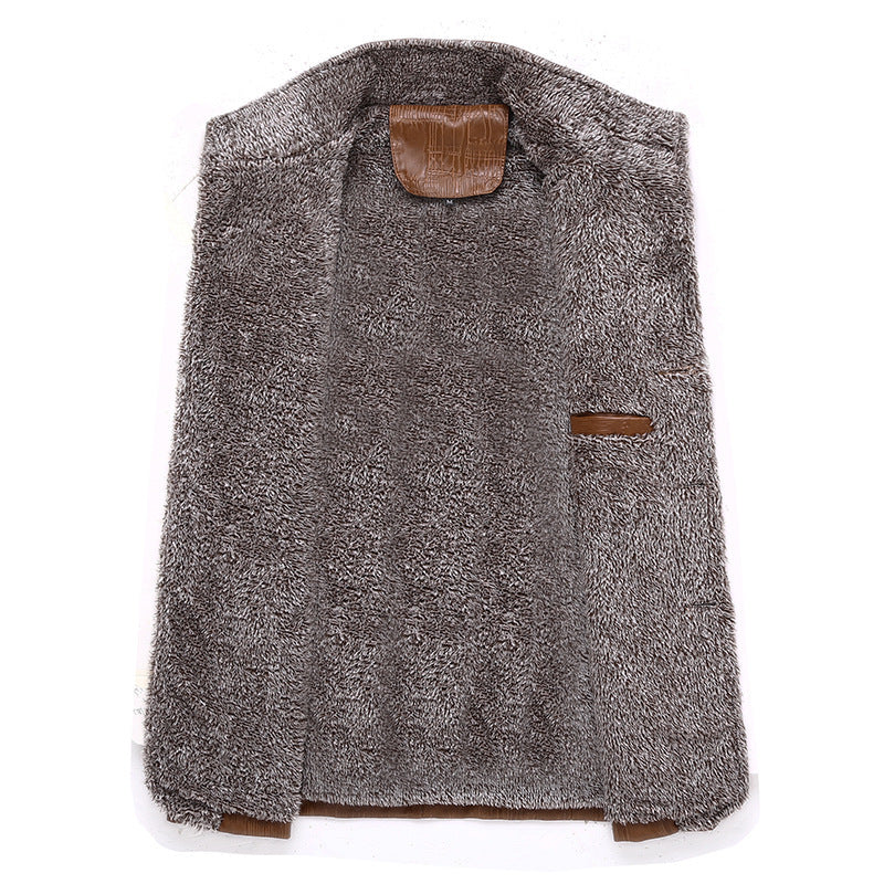 Herren Texturierte Kunstleder-Midlayerjacke mit Teddyfleece-Innenfutter, Stehkragen und Schulterpatten Echoarchiv