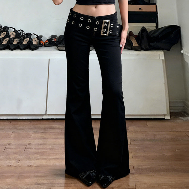 Damen High‑Waist Schlaghose aus Stretch‑Denim mit Ösengürtel Echo Archiv
