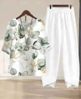 Damen nan luftiges Tunika-Zweiteiler mit botanischem Blattprint, legerer V-Ausschnitt-Bluse und elastischer Komforthose Echo Archiv