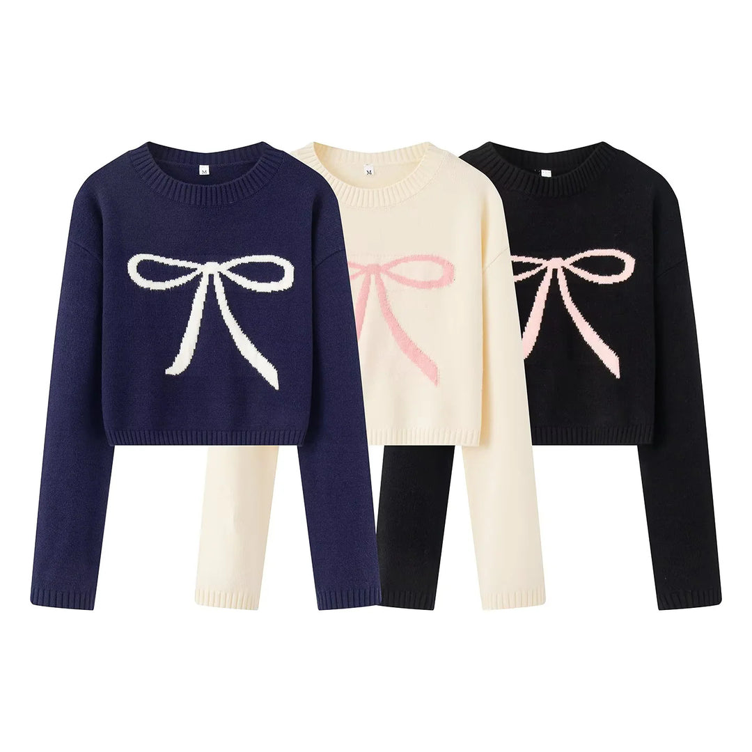 Damen nan kurz geschnittener Strickpullover mit Intarsien-Schleifenmotiv Echo Archiv