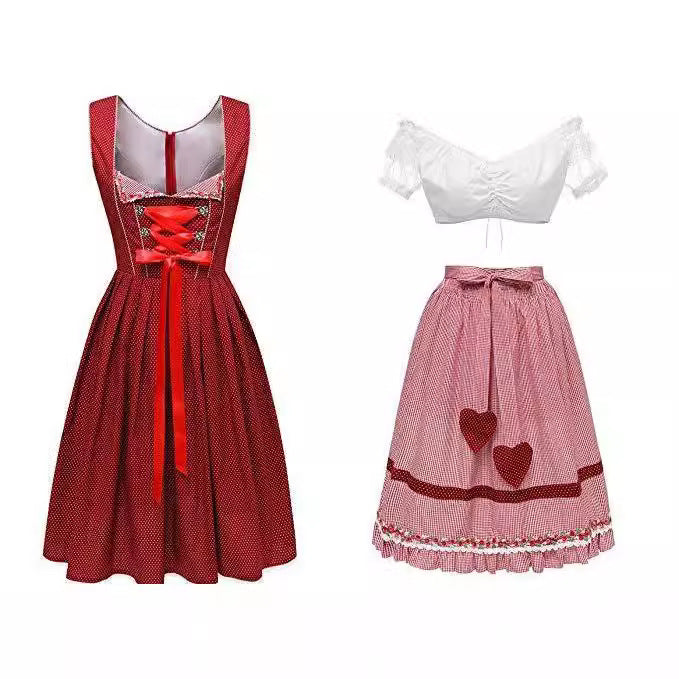 Damen nan alpines Midi-Trachtenkleid mit geschnürtem Mieder, Kurzbluse und dekorativer Herzschürze Echo Archiv
