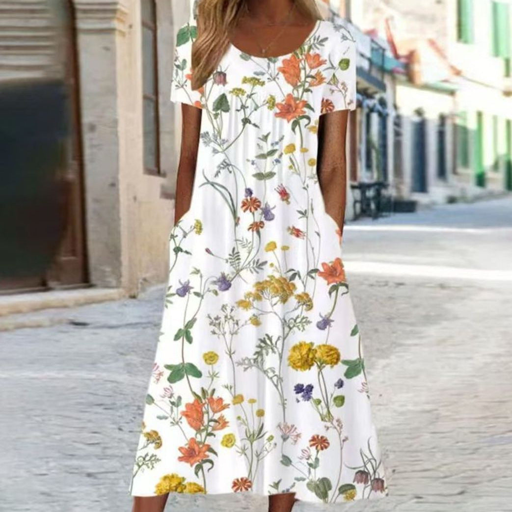 Damen nan sommerliches A-Linien-Maxikleid mit V-Ausschnitt, kurzen Ärmeln und seitlichen Eingrifftaschen aus leichtem Jersey Echo Archiv