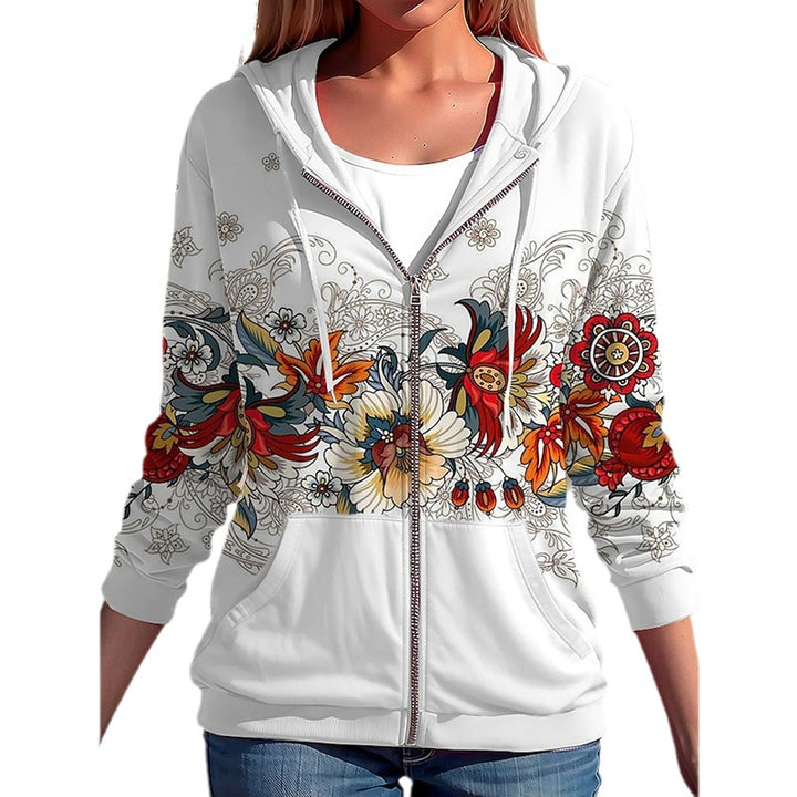Damen Kapuzenjacke mit durchgehendem Reißverschluss und floraler Boho-Print-Optik – Avérine