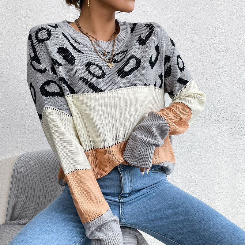 Damen Strickpullover mit Leopardenmuster und Blockstreifen Echoarchiv