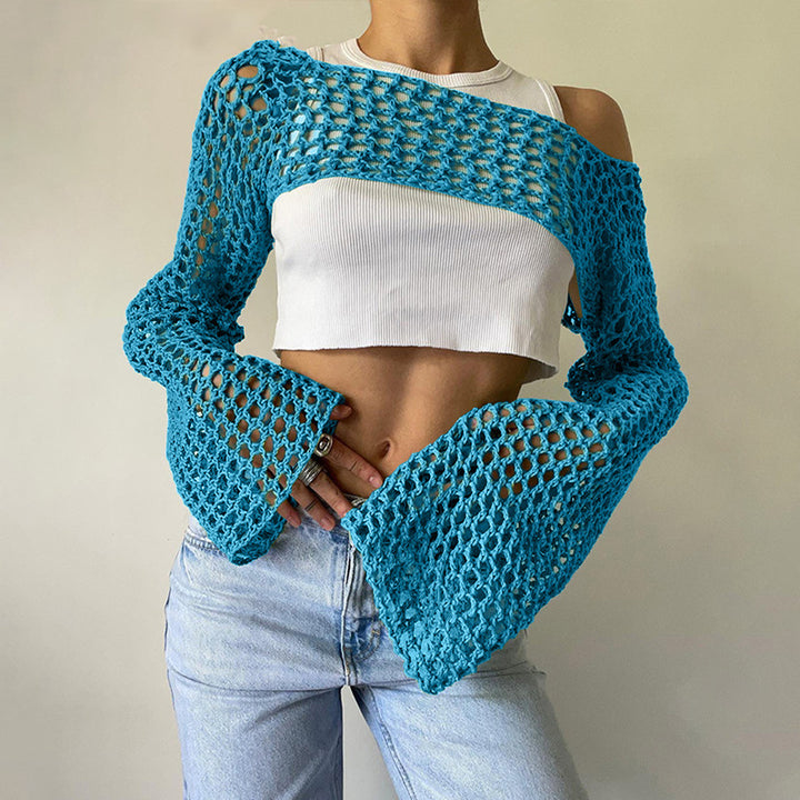 Damen gehäkeltes Langarm-Top mit Off-Shoulder-Design Echo Archiv