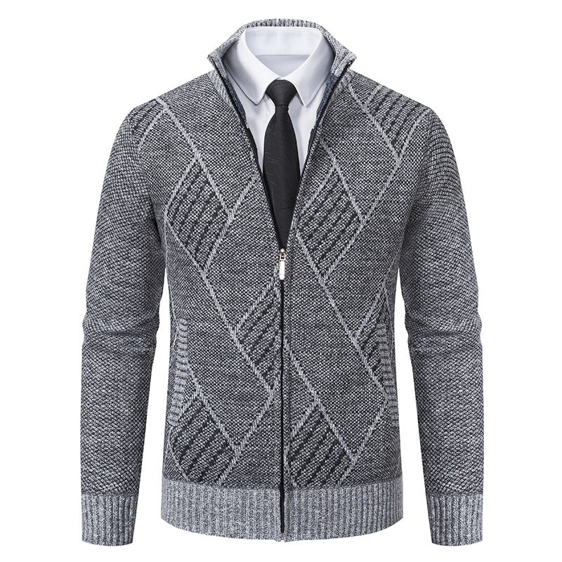 Herren Feinstrick-Zipjacke mit strukturierter Rautenoptik, Stehkragen und durchgehendem Reißverschluss Echo Archiv