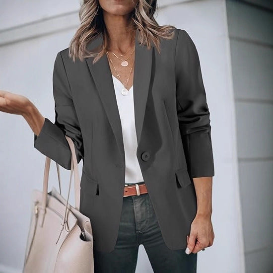 Damen Leichter Stretch-Blazer mit Schalkragen, Ein-Knopf-Verschluss und dreiviertelärmeln – Valéne