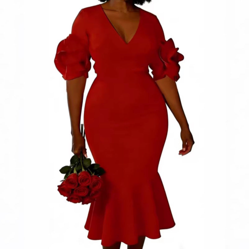 Damen figurbetontes Kleid mit Volantärmeln und Spitzen-Akzenten Echo Archiv