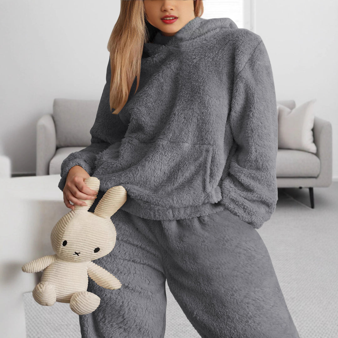 Damen Kuscheliges Teddy-Fleece Lounge-Set mit Kapuzenpullover und Jogginghose echoarchiv-