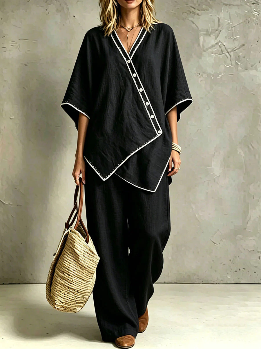 Damen Asymmetrisches Tunika-Loungewear-Set mit diagonaler Knopfleiste und weiter Palazzohose – Élanora