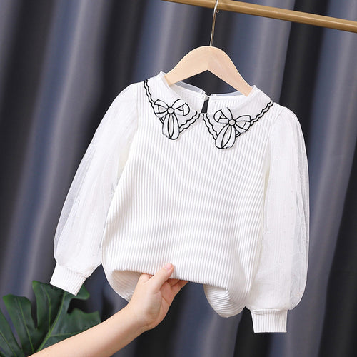 Mädchen Bluse mit transparenter Puffärmel und besticktem Kragen Echo Archiv