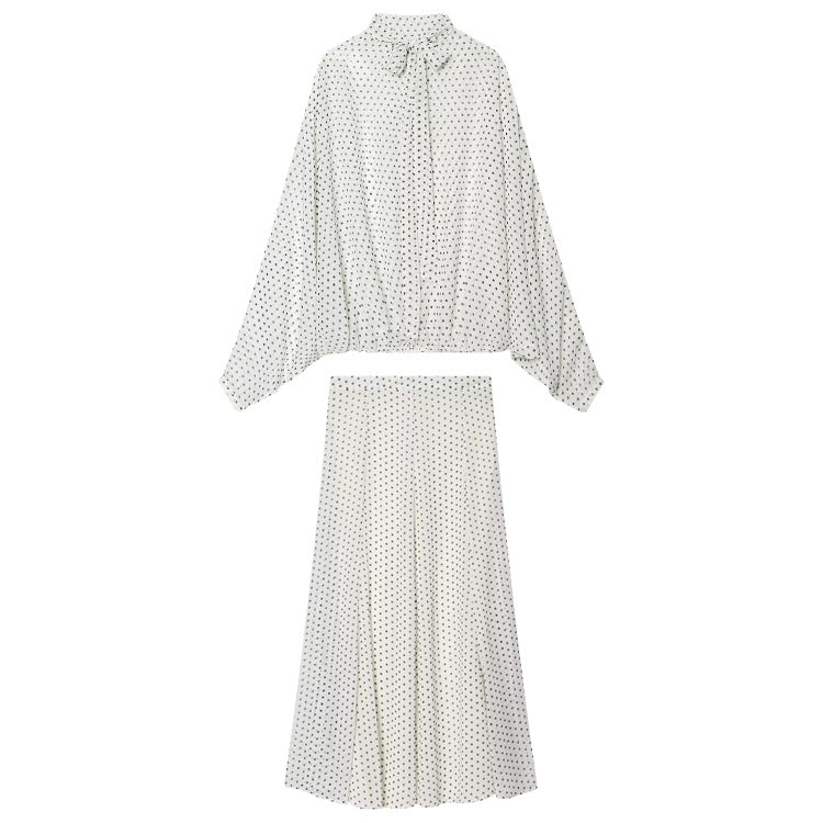 Damen Zweiteiliges Set aus leichtem Chiffon mit weitem Midirock und Ballonärmel-Bluse mit Schleifenkragen Echo Archiv