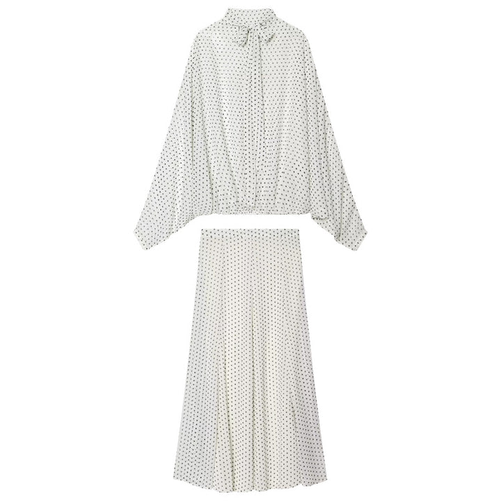 Damen Zweiteiliges Set aus leichtem Chiffon mit weitem Midirock und Ballonärmel-Bluse mit Schleifenkragen Echo Archiv