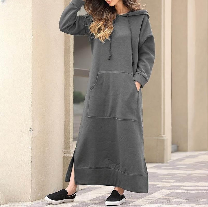 Damen nan langes Kapuzen-Sweatkleid mit Kängurutasche, Seitenschlitzen und lockerer Oversize-Passform Echo Archiv