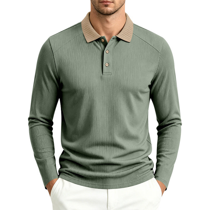 Herren Langarm-Poloshirt mit gerippter Kontrastkragen und feiner Waffelstruktur Echoarchiv
