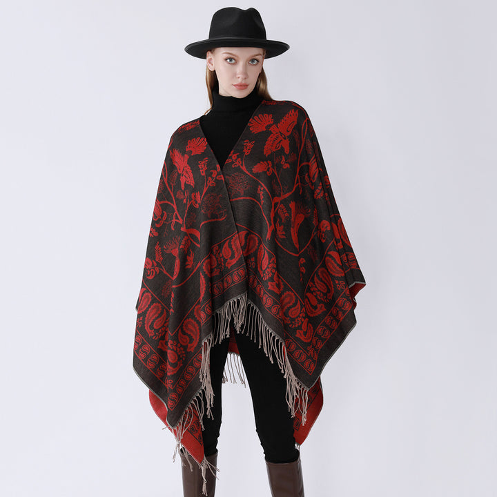 Damen Jacquard-Poncho im Oversize-Kaftan mit floraler und Vogelornamentik Echo Archiv