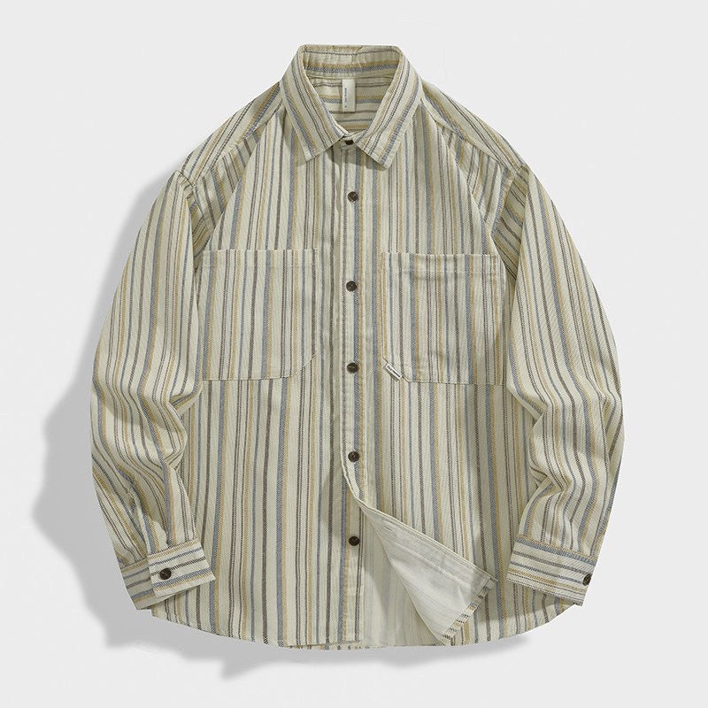 Herren Gestreiftes Overshirt-Hemd aus Baumwoll-Leinen mit Brusttaschen Echoarchiv