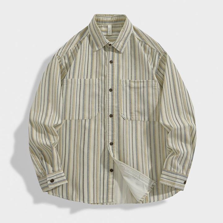 Herren Gestreiftes Overshirt-Hemd aus Baumwoll-Leinen mit Brusttaschen Echoarchiv