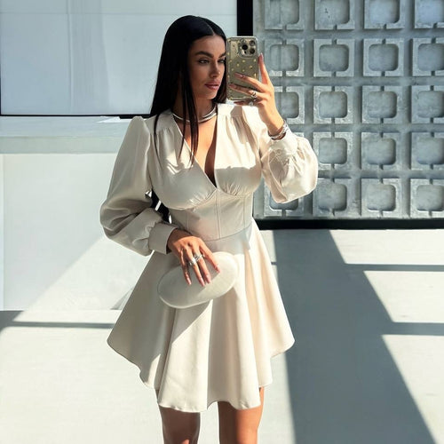 Damen Korsett-Detail Mini-Kleid mit Puffärmeln und ausgestelltem Rock Echoarchiv